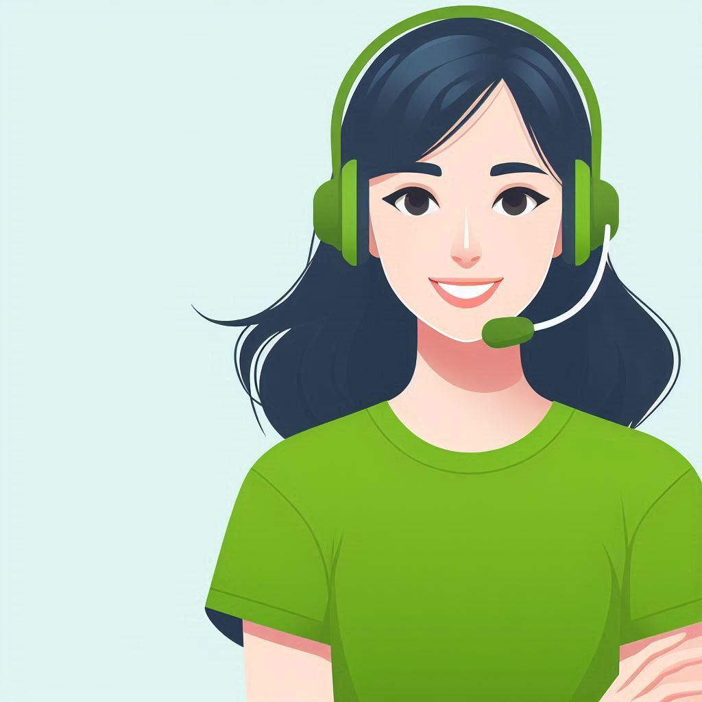 Illustration på mörkhårig tjej i grön tshirt och grönt headset