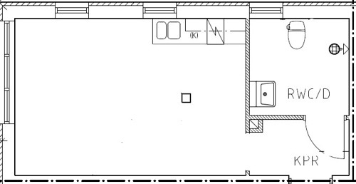 Planritning Bohusgatan 9A, stort rum med köksdel och toalett/dusch